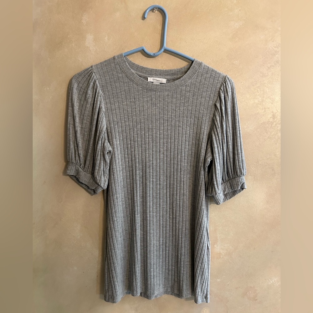 Daily Ritual Gray Puff Sleeve Ribbed Women's Top